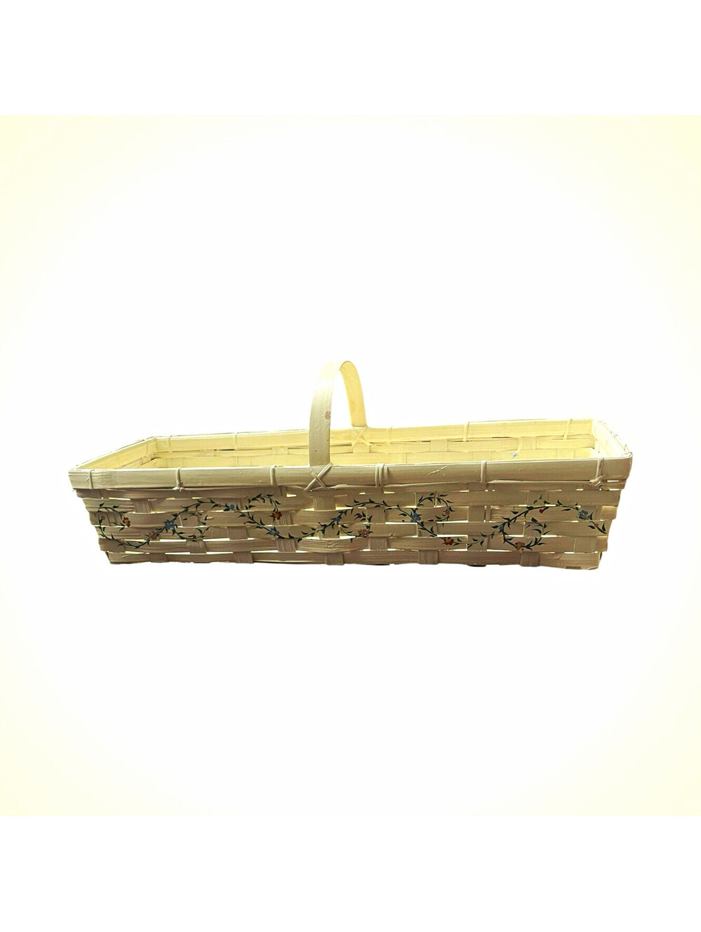 Oblong Narrow Bamboo Basket with Handle, Painted White with Floral detail